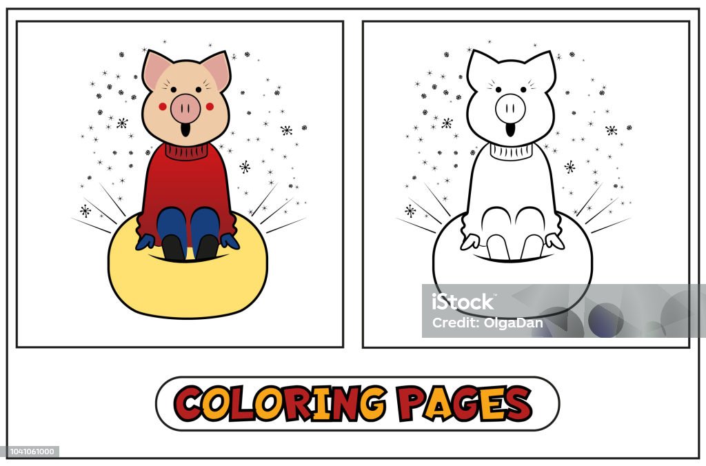 Coloring Pig - Sledding The coloring of the pig is rolled from the slide on a rubber cheesecake. Set of coloring for children for the new year 2019 and Christmas with mumps winter sports. Vector illustration, on white background. Activity stock vector