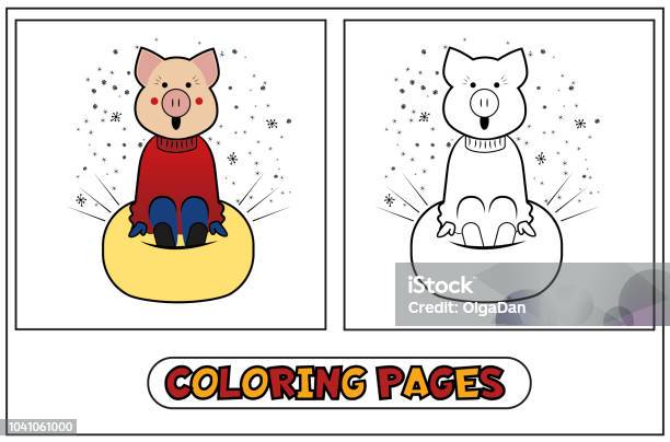 Coloring Pig Sledding Stock Illustration - Download Image Now - Activity, Animal, Animal Wildlife