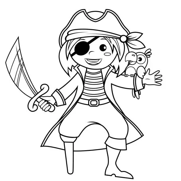 Vector illustration of Pirate with parrot. Black and white vector illustration for coloring book