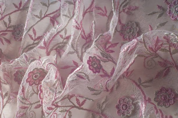 istock Texture, background, pattern. Pink lace decorated with flowers on a white background. Background of pink lace fabric beautifully decorated with flowers 1041061612