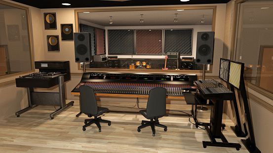 Music recording studio with sound mixer, instruments, speakers, and audio equipment, 3D rendering