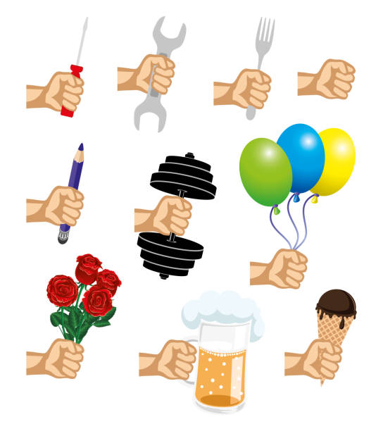 ilustrações de stock, clip art, desenhos animados e ícones de icons of a hand with different objects. - fork wrench