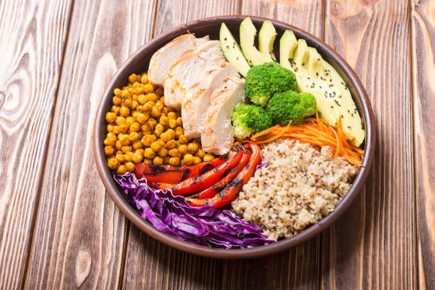 istock Buddha bowl with avocado , chicken , pepper , quinoa and chickpea 1041075318