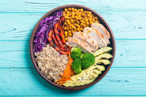 istock Buddha bowl with avocado , chicken , pepper , quinoa and chickpea 1041075330