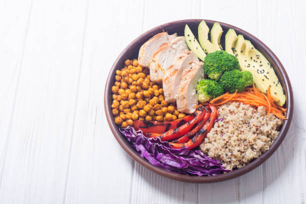 istock Buddha bowl with avocado , chicken , pepper , quinoa and chickpea 1041075382
