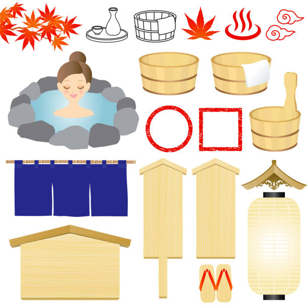 hot spring illustrations. Japanese hot spring illustrations. japan sign stock illustrations