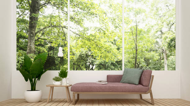 リビング ルームと自然ビュー - 家の中のリビング ルームまたはフォレスト ビューの背景のアパート - インテリア シンプル デザイン 3 d 寝台兼用の長椅子をレンダリング - wood window ストックフォトと画像