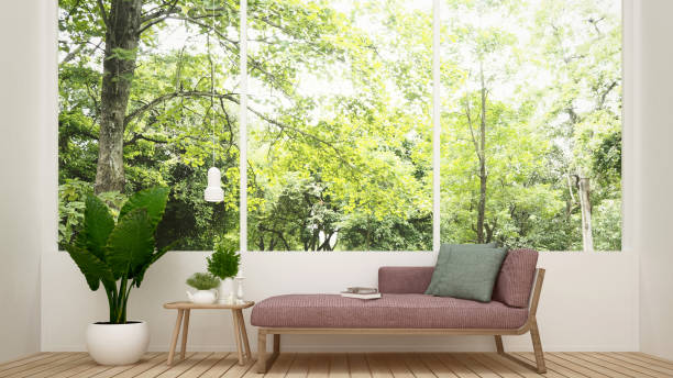 sofá-cama na sala de estar e natureza vista - sala de estar em casa ou apartamento em fundo de vista floresta - interior design simples - 3d rendering - divã sofá - fotografias e filmes do acervo