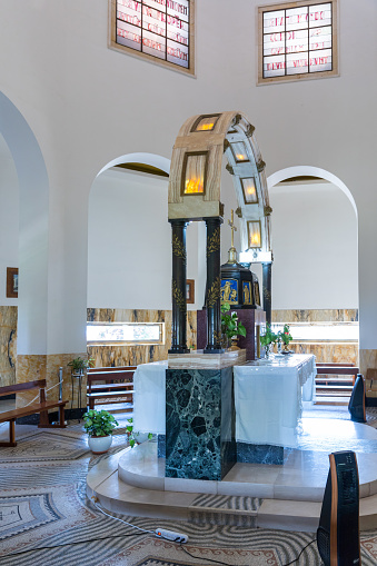 Tiberias, Israel, September 10, 2018 : The central altar in the Beatitude Monastery located on the mountain on the coast of the Sea of Galilee - Kinneret