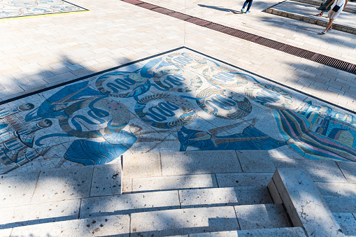 Tiberias, Israel, September 10, 2018 : Fragment of mosaic on a religious theme in the courtyard of the  Beatitude Monastery located on the mountain on the coast of the Sea of Galilee - Kinneret