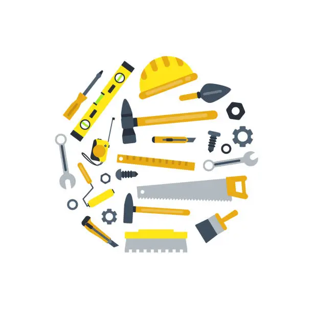 Vector illustration of Vector flat construction tools in circle shape illustration