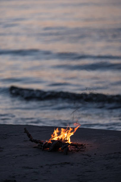 istock small fire burning on the sea shore at night 1041082396