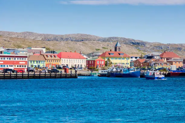 Saint Pierre panorama from the sea. 
Saint Pierre, Saint Pierre and Miquelon.