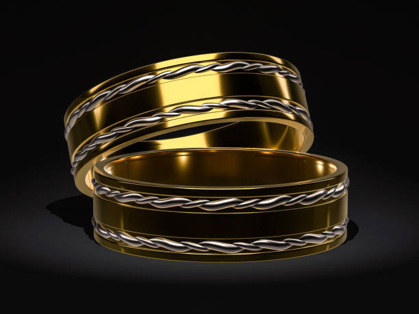 istock Golden wedding ring isolated, wedding rings background concept. 3D 1041088258