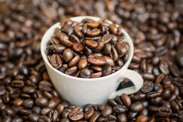 Heap of roasted coffee beans with cup full of coffee beans on the table, shot in the studio