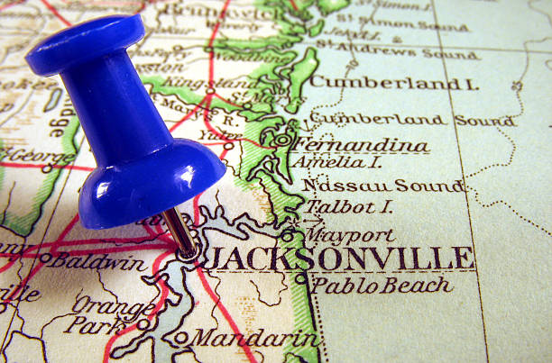 istock Close-up pinned map focused on Jacksonville, Florida 104108949