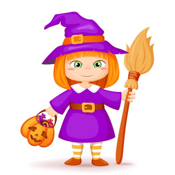 ilustrações, clipart, desenhos animados e ícones de bruxinha halloween cute - little girls autumn child red hair