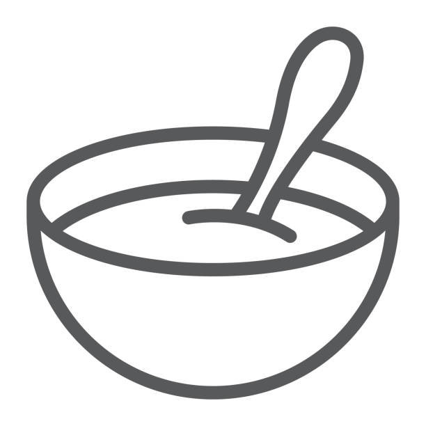 ilustraciones, imágenes clip art, dibujos animados e iconos de stock de icono de la línea de cereales, alimentos de bebé y comer, plato muestra, gráficos vectoriales, un patrón linear sobre un fondo blanco. - bowl