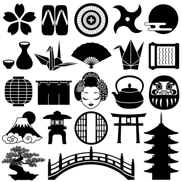 Japanese icons. Japanese decorative icons. New Year icons. geta sandal stock illustrations