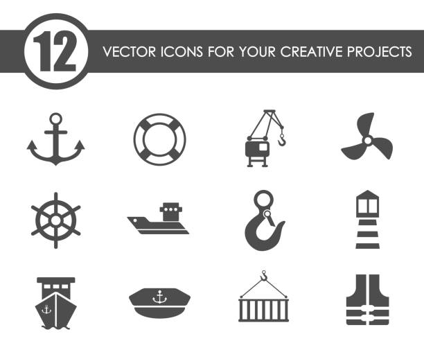 ilustrações de stock, clip art, desenhos animados e ícones de harbor icon set - lighthouse nautical vessel symbol harbor