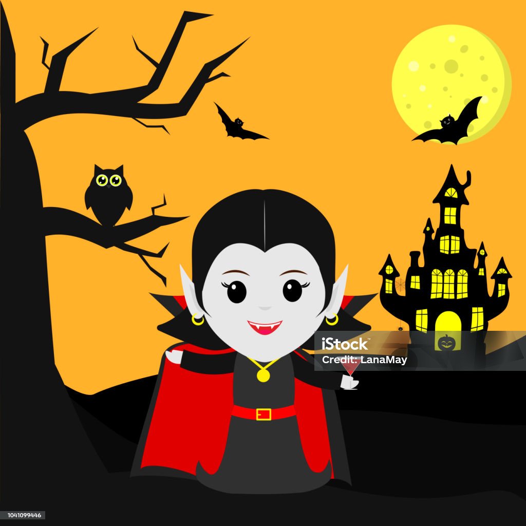 Ilustración de Feliz Halloween Drácula Vampiro En El Estilo De Los Dibujos  Animados Se Encuentra Junto Al Castillo En El Fondo De La Luna En La Noche  Es Un Cóctel Un Árbol