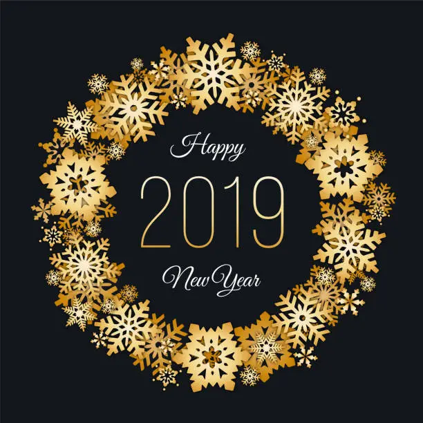 Vector illustration of New Year gold snowflake wreath.