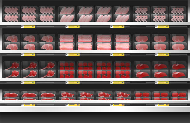 свежее мясо для продажи �дисплей на полке в супермаркете , вектор , иллюстрация - department store stock illustrations