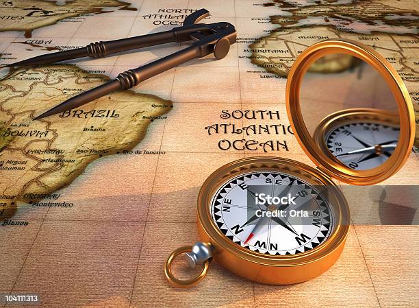 Old Map And Compass Stock Photo - Download Image Now - Cartography, Color Image, Direction