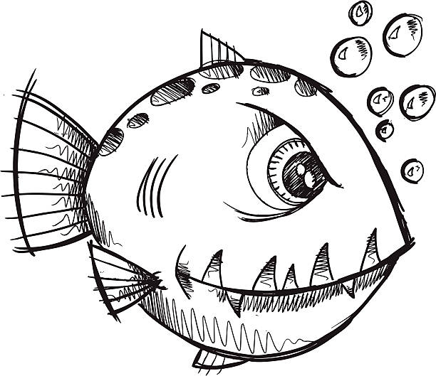 Doodle Sketch Mean Fish vector art illustration