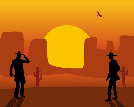 Two gunslingers duel. Desert sunset. Color flat vector illustration