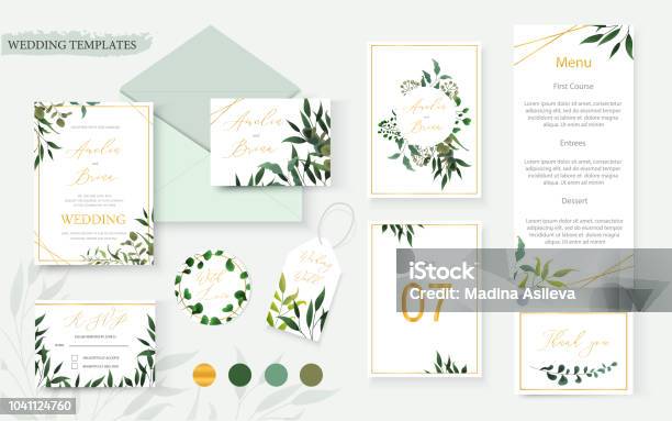 Vetores de Envelope De Cartão Convite Ouro Floral Salvar A Tabela Do Menu Data Rsvp Do Casamento e mais imagens de Casamento