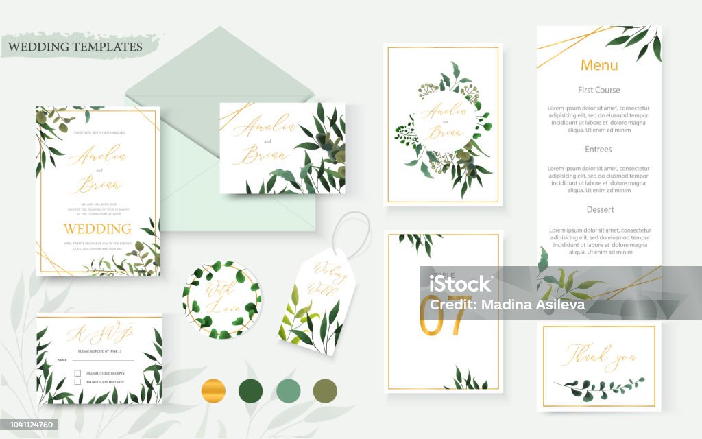 Wedding floral gold invitation card envelope save the date rsvp menu table Wedding floral gold invitation card envelope save the date rsvp menu table label design with green tropical leaf herbs eucalyptus wreath frame. Botanical decorative vector template watercolor style Wedding stock vector