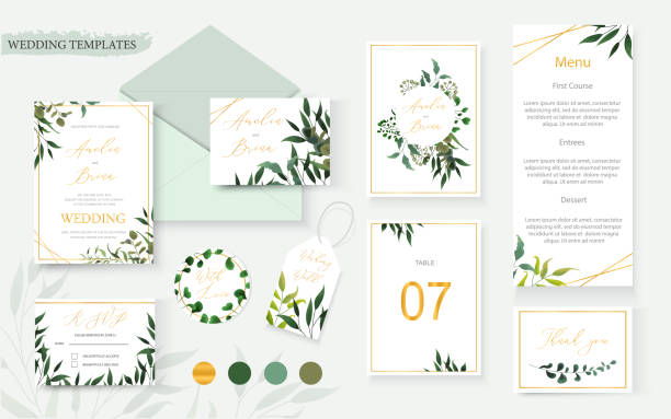 Wedding floral gold invitation card envelope save the date rsvp menu table Wedding floral gold invitation card envelope save the date rsvp menu table label design with green tropical leaf herbs eucalyptus wreath frame. Botanical decorative vector template watercolor style floral menu card stock illustrations