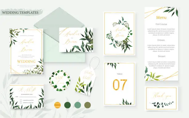 Vector illustration of Wedding floral gold invitation card envelope save the date rsvp menu table