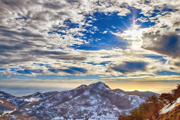 Montenegro. Mountain tops in the snow on a sunset background