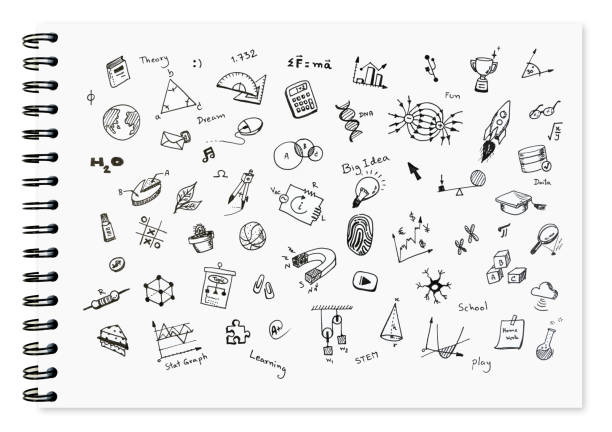 Doodle set of school related items, school equipment and learning tools on white notebook with spiral bound notebook for background. Doodle set of school related items, school equipment and learning tools on white notebook with spiral bound notebook for background. paper stock stock pictures, royalty-free photos & images