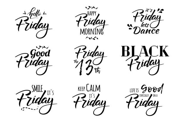 friday lettering Hello Friday. Black friday sale. Friday the 13th. It`s friday, let`s dance. Hand drawn lettering and custom typography for t-shirts, bags, posters, invitations, cards friday the 13th vector stock illustrations