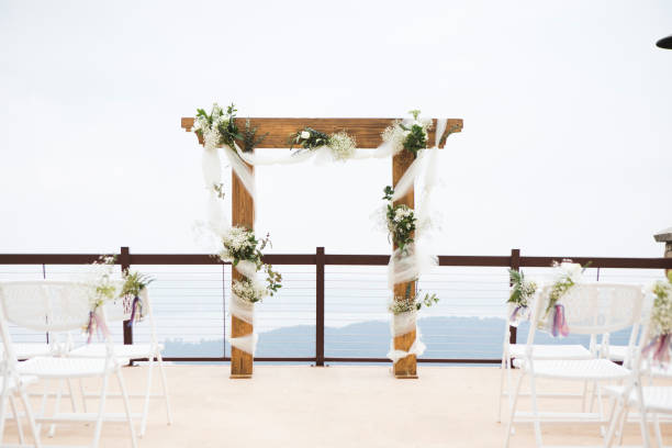 Decorated outdoor wedding altar and seating