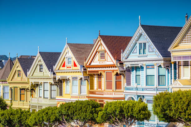 painted ladies ad alamo square, san francisco, california, usa - roof row house house san francisco county foto e immagini stock