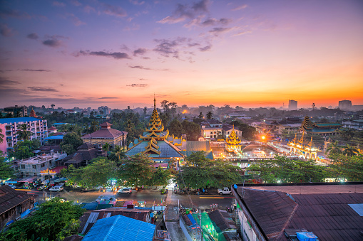 Yangon skyline in Myanmar with beautiful sunrise