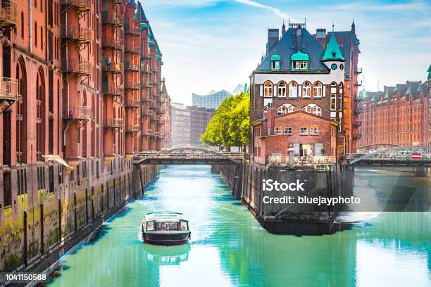 Hamburg Speicherstadt With Sightseeing Tour Boat In Summer Germany Stock Photo - Download Image Now