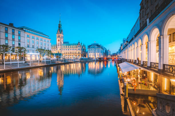 Hamburg skyline with city hall at twilight, Germany
