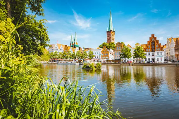 Photo of Historic city of Luebeck with Trave river in summer, Schleswig-Holstein, Germany