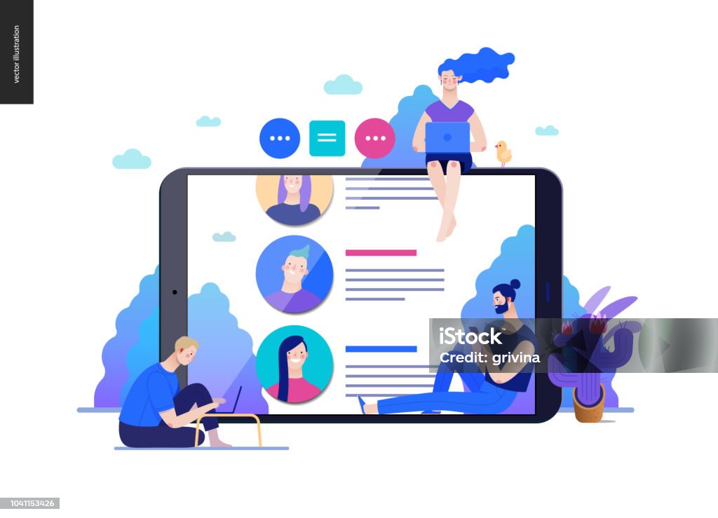 Business series - reviews, web template Business series, color 2 - reviews -modern flat vector illustration concept of people writing reviews and the review page on the tablet screen. Creative landing page or company product design template Social Media stock vector