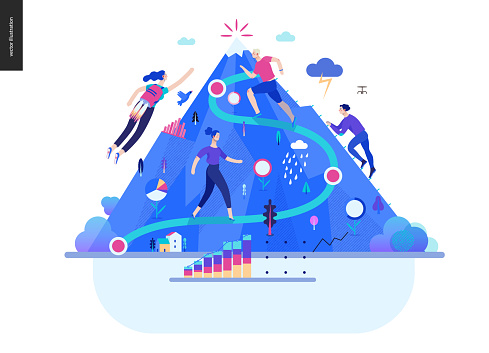 Business series, color 2- career -modern flat vector illustration concept of career - people climbing the mountain. Climbing up the career ladder process metaphor Creative landing page design template