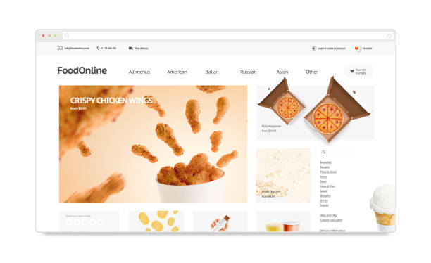 Food delivery webstore site template mock up isolated, 3d illustration. Fastfood web page menu interface mockup. Internet website template. Web store screen layout for computer display.