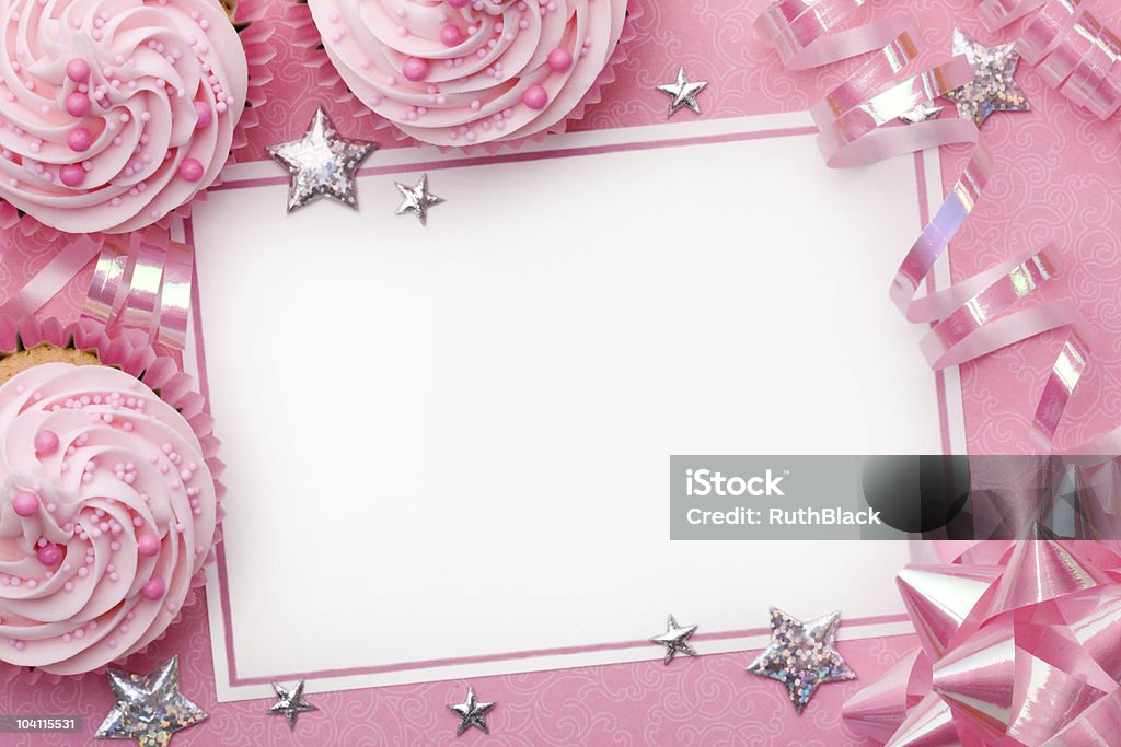 A pink party background with cupcakes, stars and ribbon Pink party background with space for copy Baby Shower Stock Photo