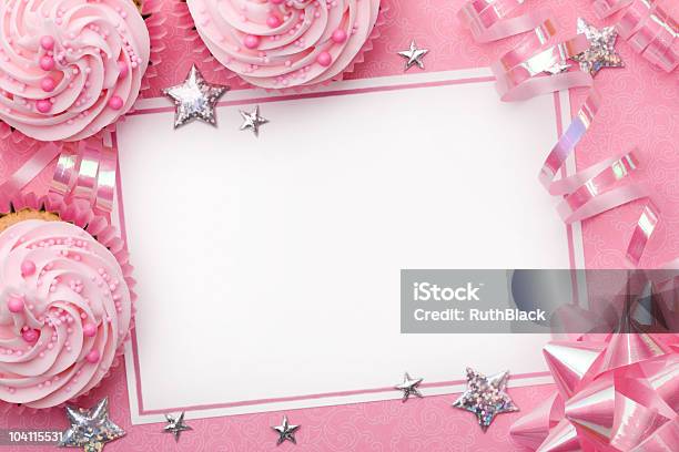 A Pink Party Background With Cupcakes Stars And Ribbon Stock Photo - Download Image Now