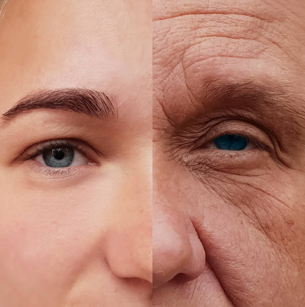 istock young and old woman face, aging concept 1041159522