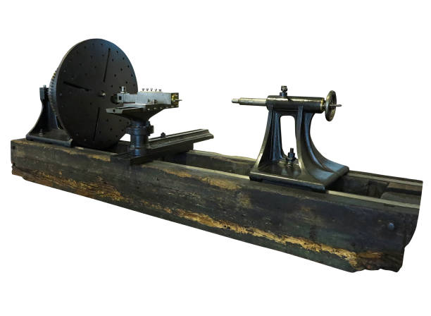 istock Vintage old turning lathe machine isolated over white background 1041164624